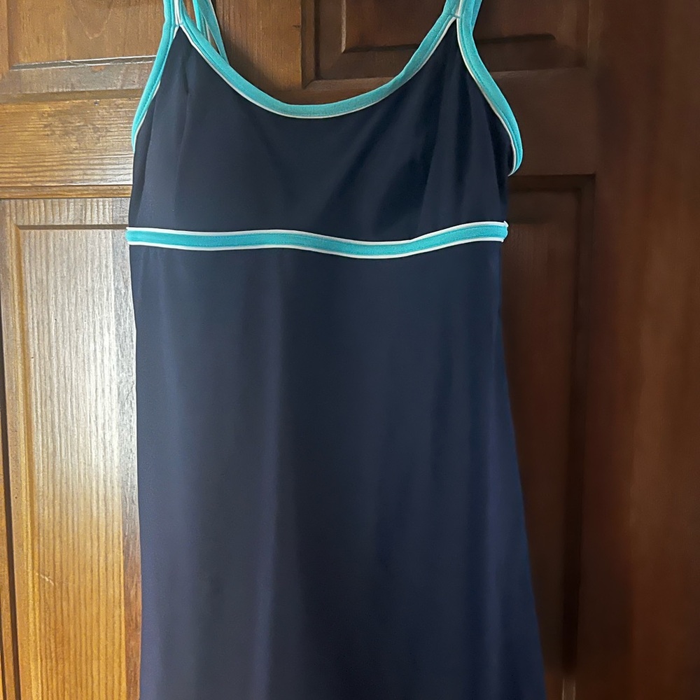 Navy Tank Swim Dress with Aqua Trim